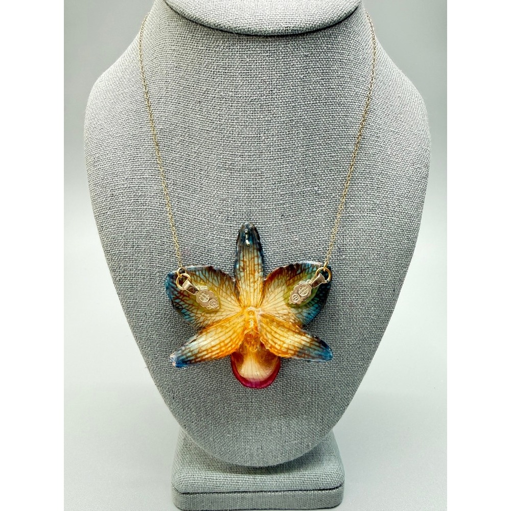Preserved Real Orchid Gold Filled Chain Choker Necklace 16" Colorful Floral Chic - Picture 4 of 14